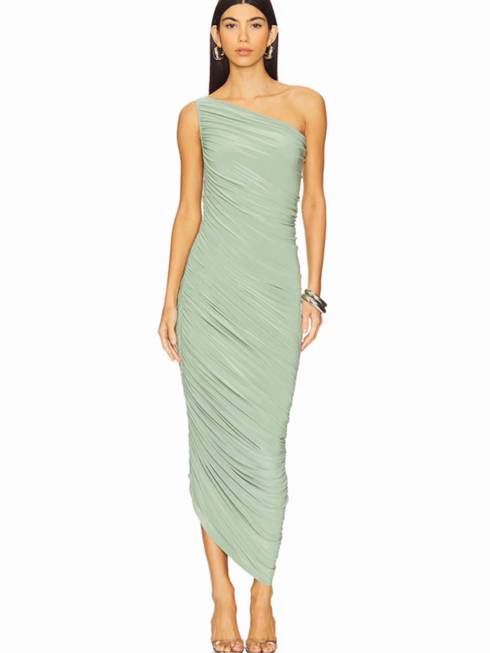 Norma Kamali One-Shoulder Sage Green Ruched Midi Dress